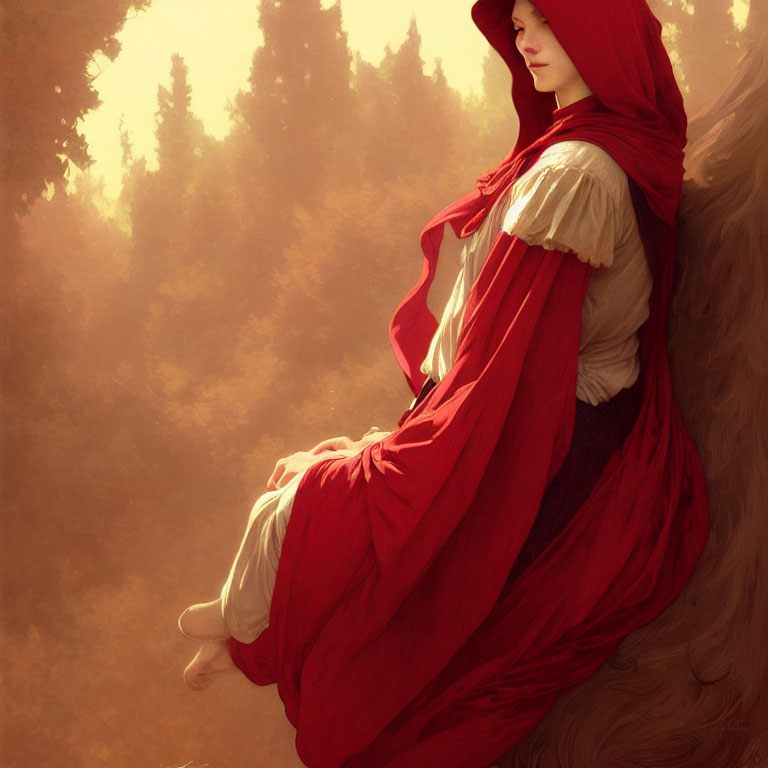 Person in Red Cloak Sitting on Tree Branch in Golden Forest