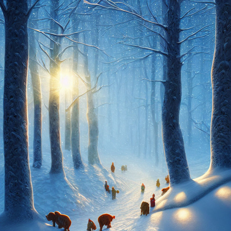 Snow-covered winter forest scene with sunlight filtering through trees and animals roaming peacefully