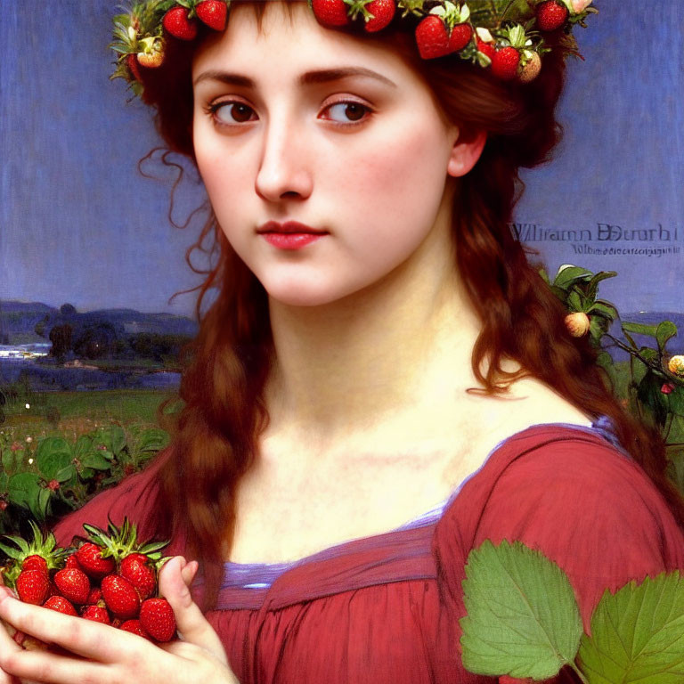 Young woman with strawberry wreath holding strawberries against landscape.