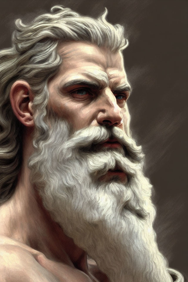 Mythical figure with white beard and intense gaze