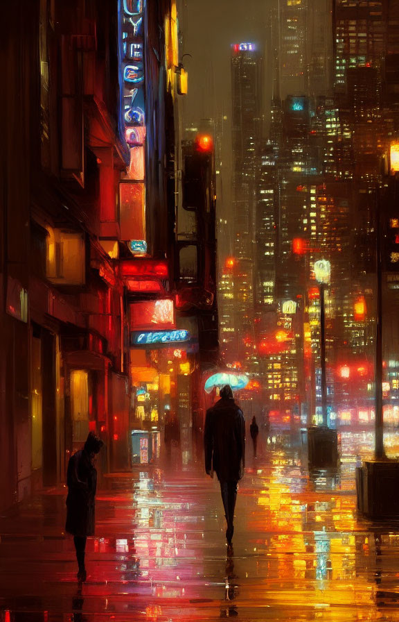 Night cityscape with rainy street lights and silhouetted figures under umbrellas