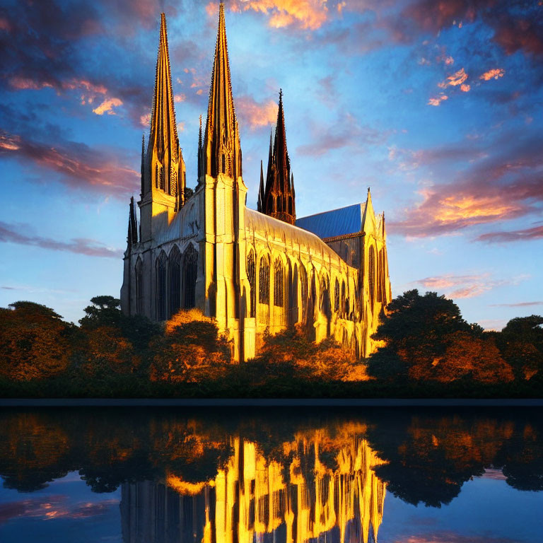 Gothic Cathedral with Tall Spires by Tranquil Water at Sunset