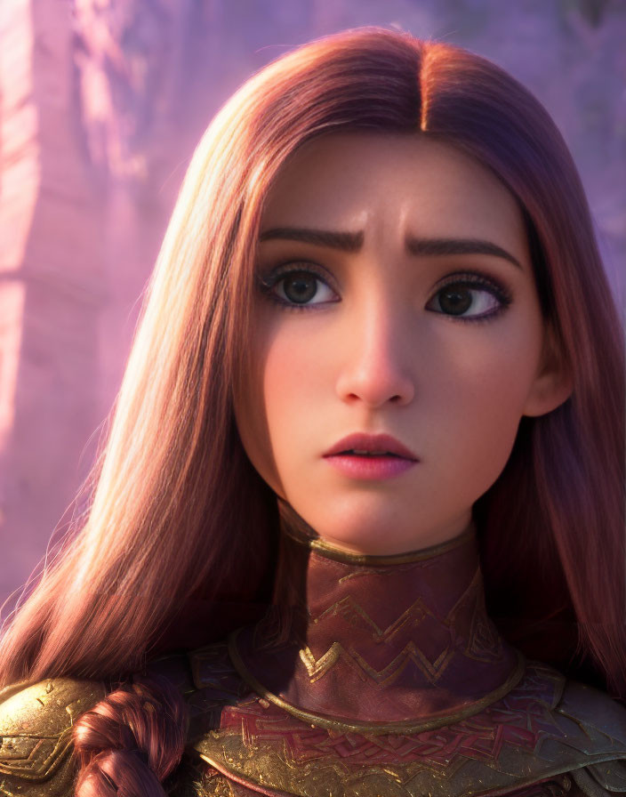 3D animated female character with long brown hair and braid in golden armor