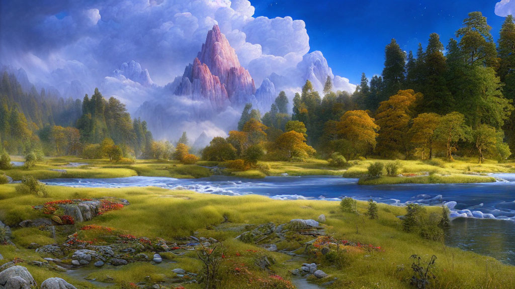 Tranquil landscape: river, autumn trees, mountains, misty sky