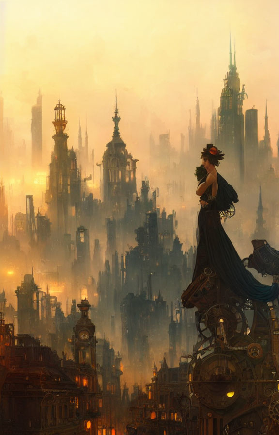 Woman in flowing dress on balcony gazes at fantastical cityscape