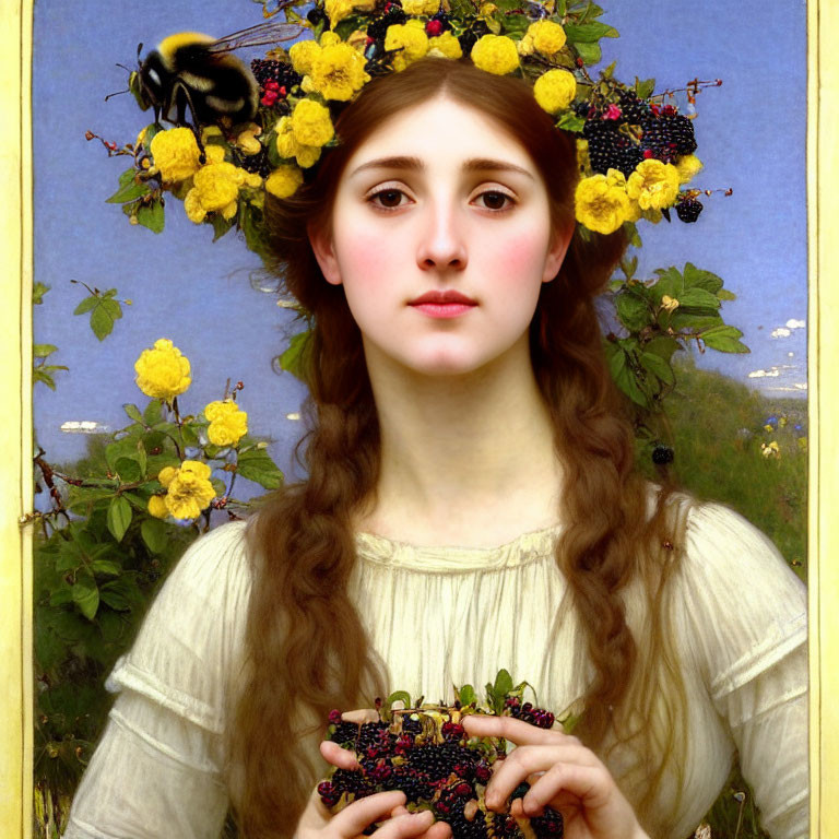 Serene young woman surrounded by yellow blossoms and berries with bumblebee