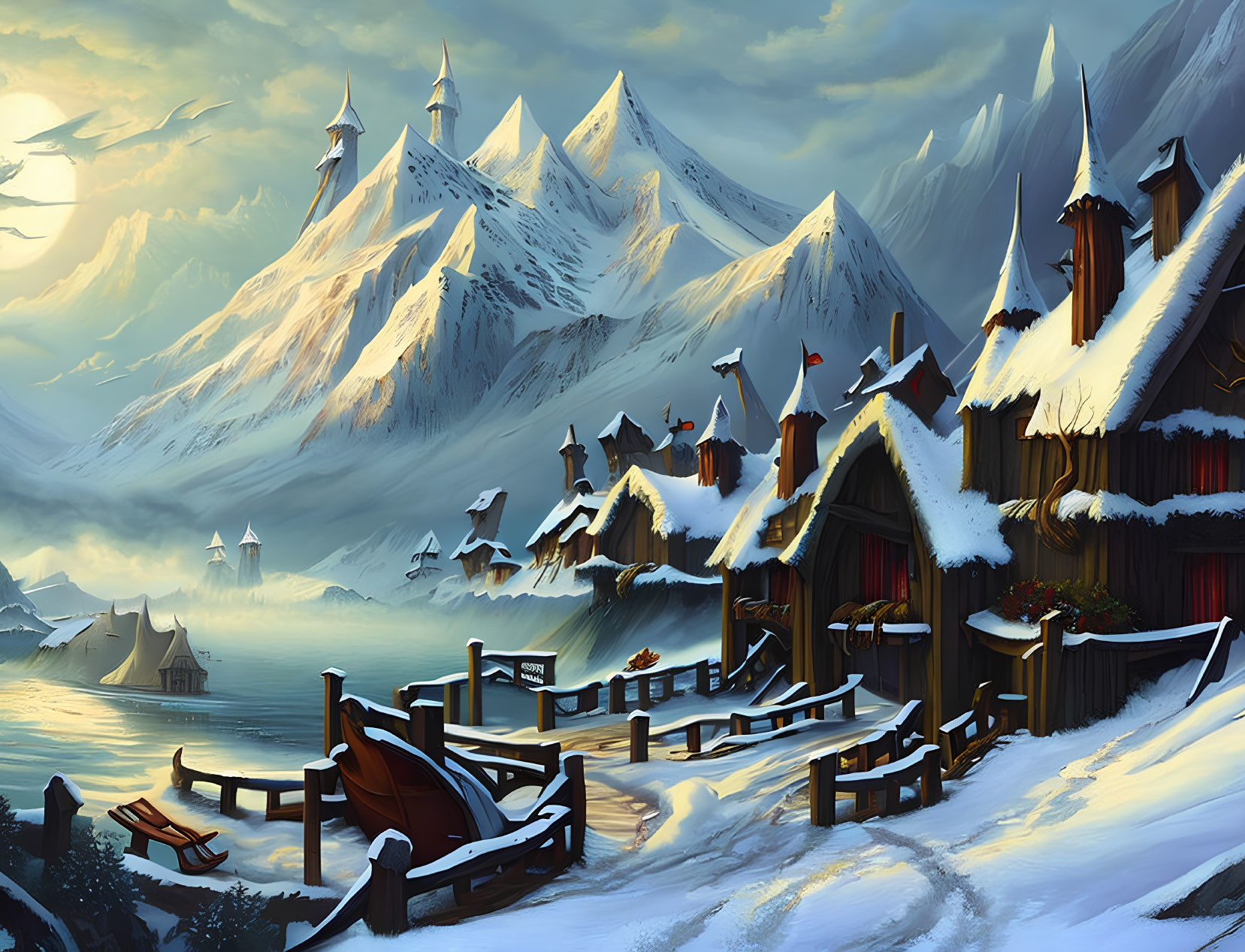 Snow-covered winter village with mountains and boats at sunset