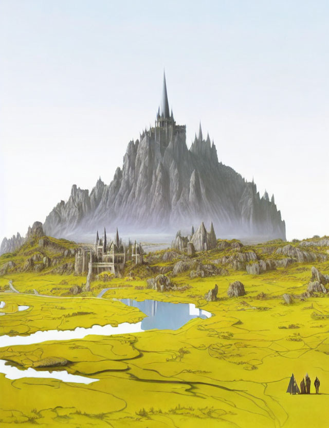 Majestic castle on rugged mountain in fantasy landscape