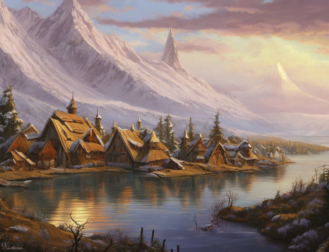 Scenic village with thatched-roof houses, lake, and snow-capped mountains