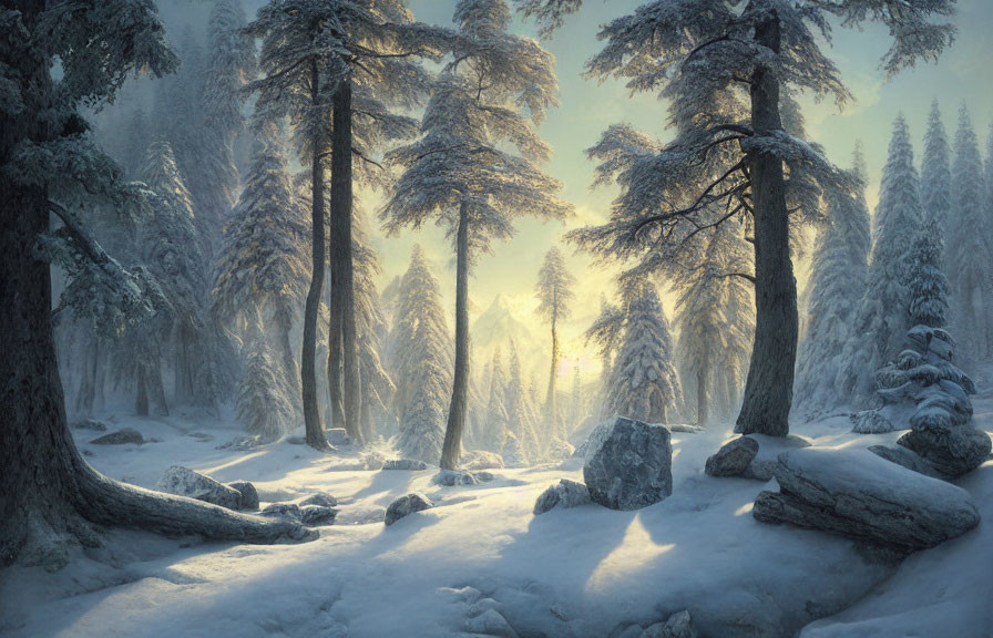 Winter forest scene with tall trees, sunlight, mist, and boulders