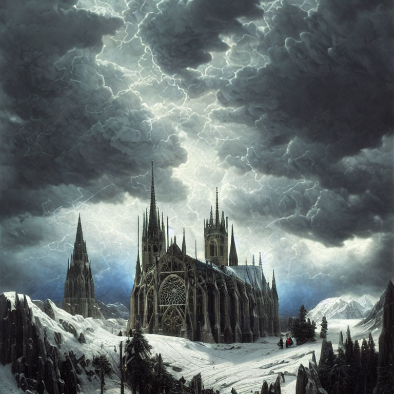 Gothic Cathedral in Snowy Landscape with Stormy Sky