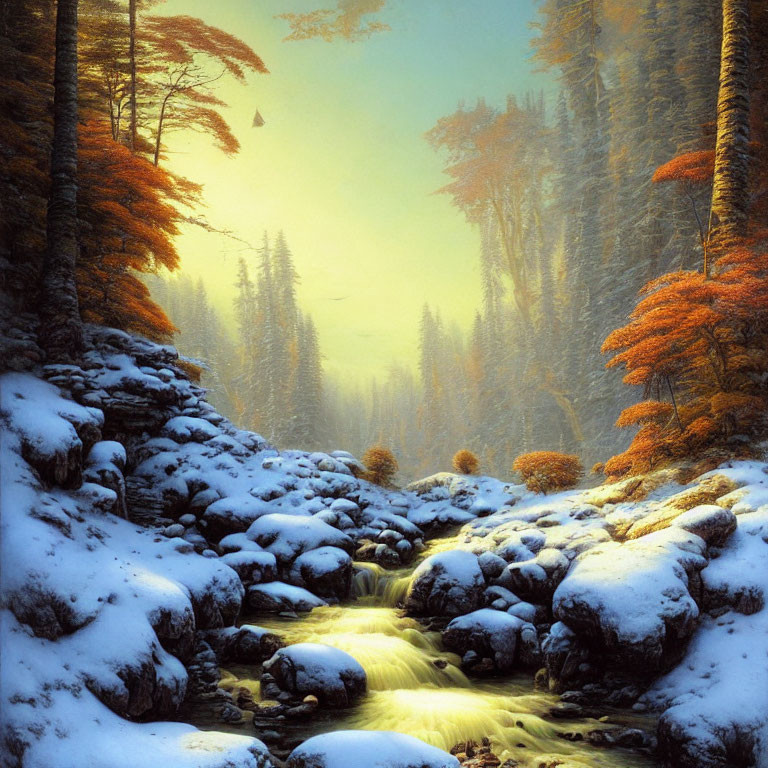 Golden-hued stream winding through snow-covered rocks in serene winter scene