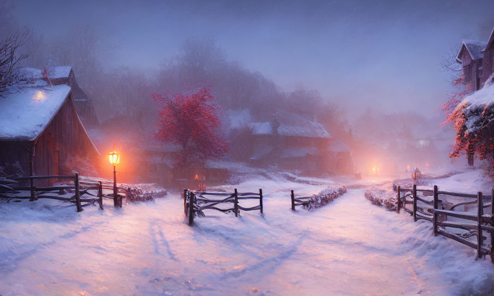 Snowy village at dusk: glowing street lamps, footprints, wooden houses, reddish tree