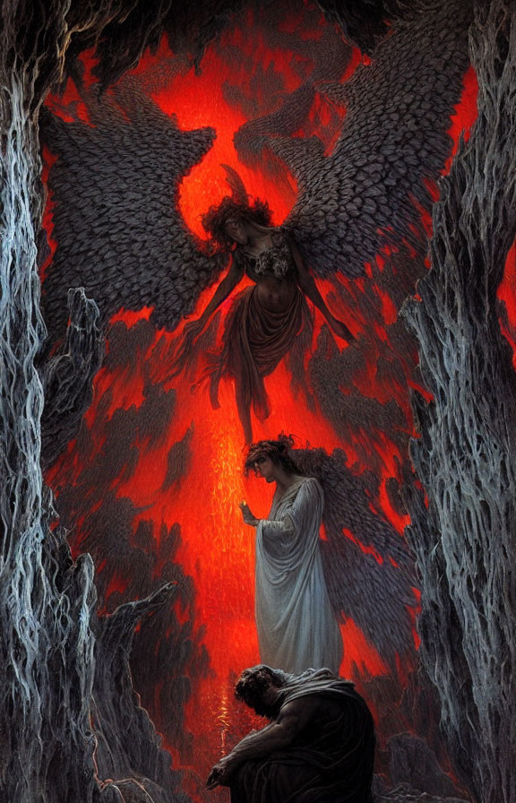 Dark angel with expansive wings in fiery cavern with two figures