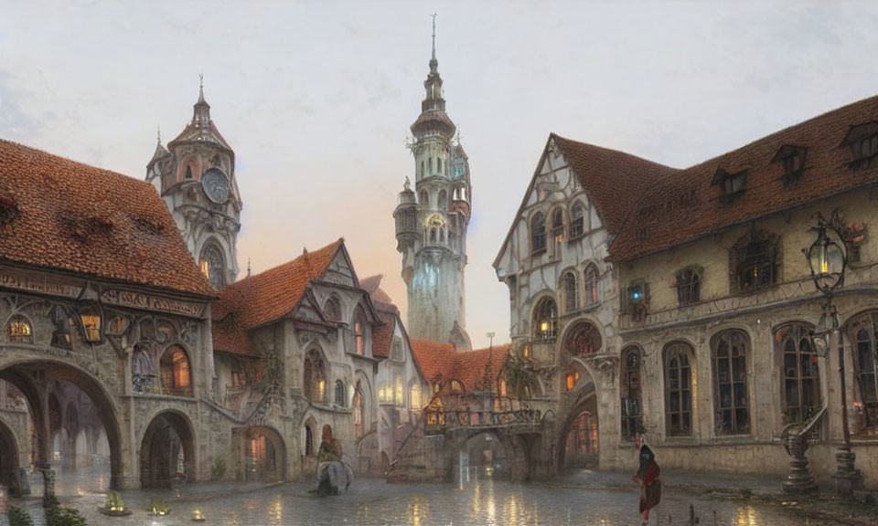 Medieval fantasy town with clock tower and figure in red