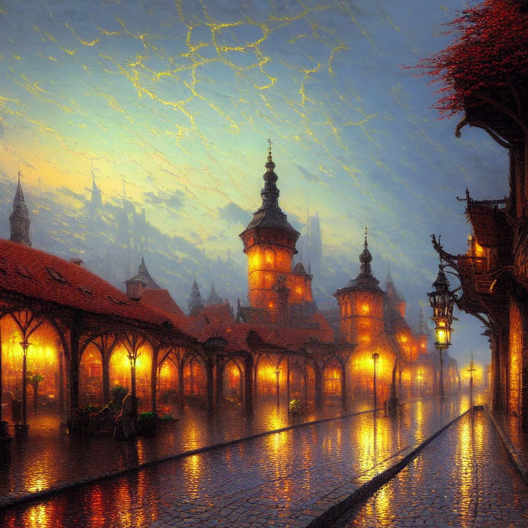 Fantasy-inspired cobblestone street at dusk with vintage lanterns and ornate buildings