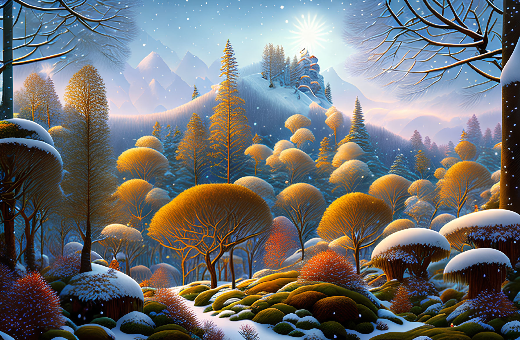 Snow-covered trees and mountains under a bright sun in a serene winter landscape