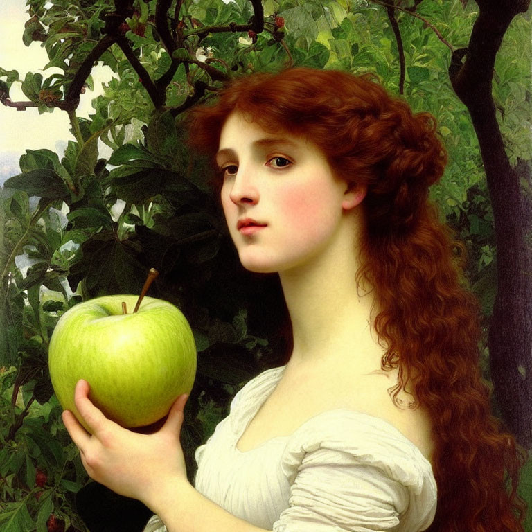 Portrait of woman with red hair holding green apple in lush greenery