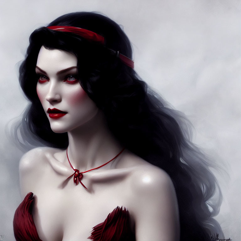 Pale-skinned woman with black hair, red headband, red lipstick, and strapless garment in