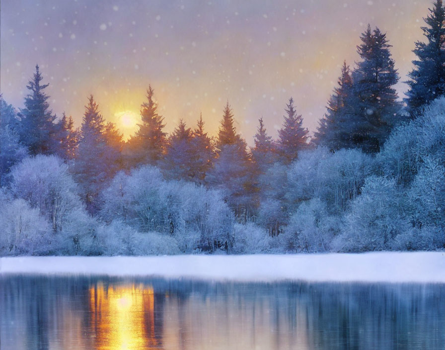 Winter landscape: snow-covered trees, calm lake, sunrise, falling snowflakes