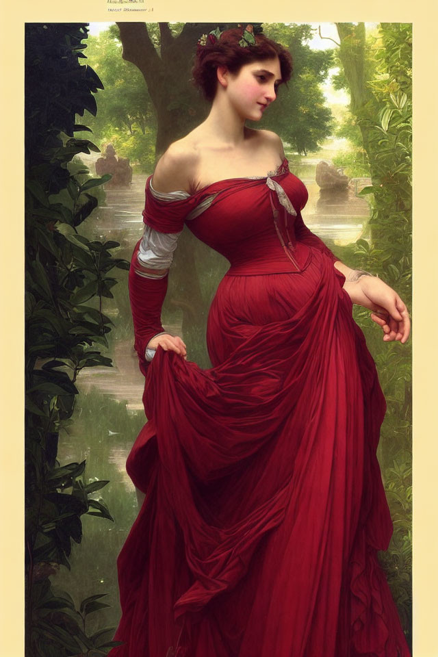 Woman in flowing red gown in serene garden setting