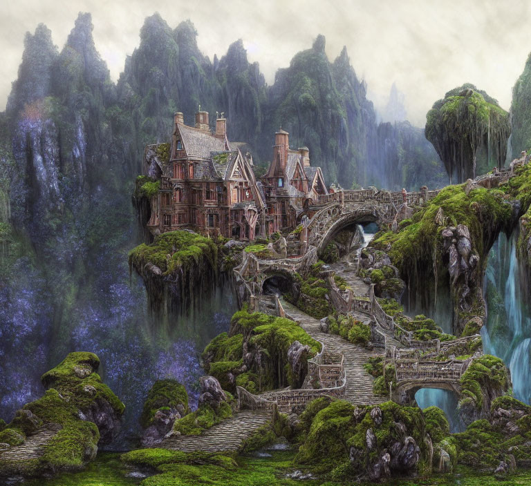 Mystical landscape featuring old stone bridge and grand house nestled in lush greenery