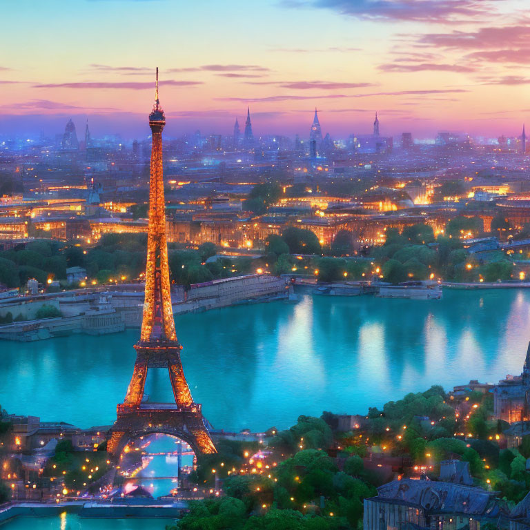 Eiffel Tower and Paris Cityscape at Twilight with Seine River