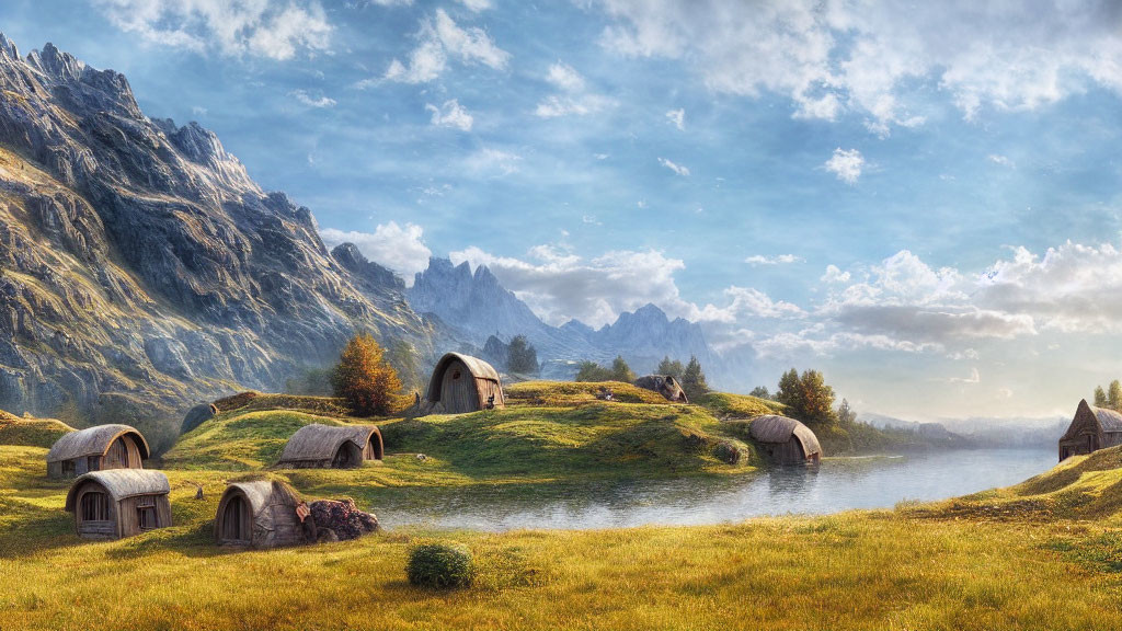 Tranquil landscape with hobbit homes in verdant valley