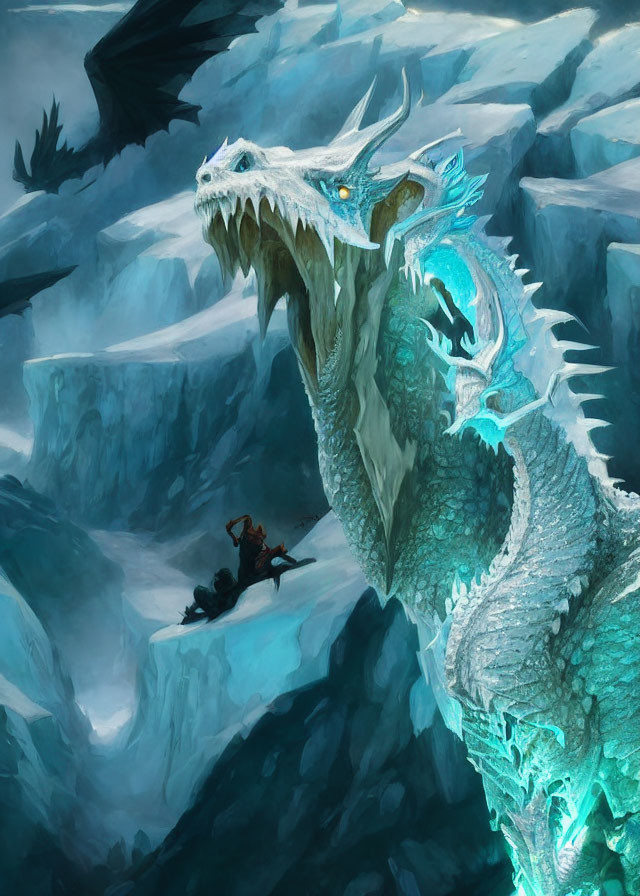 Icy Blue Dragon Over Lone Warrior in Snowy Cliffs