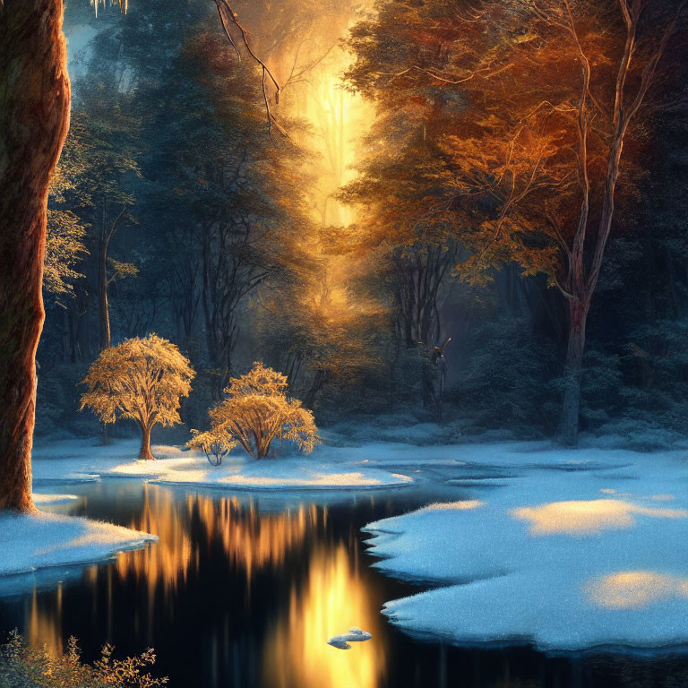 Snow-covered forest reflected in still pond under golden light