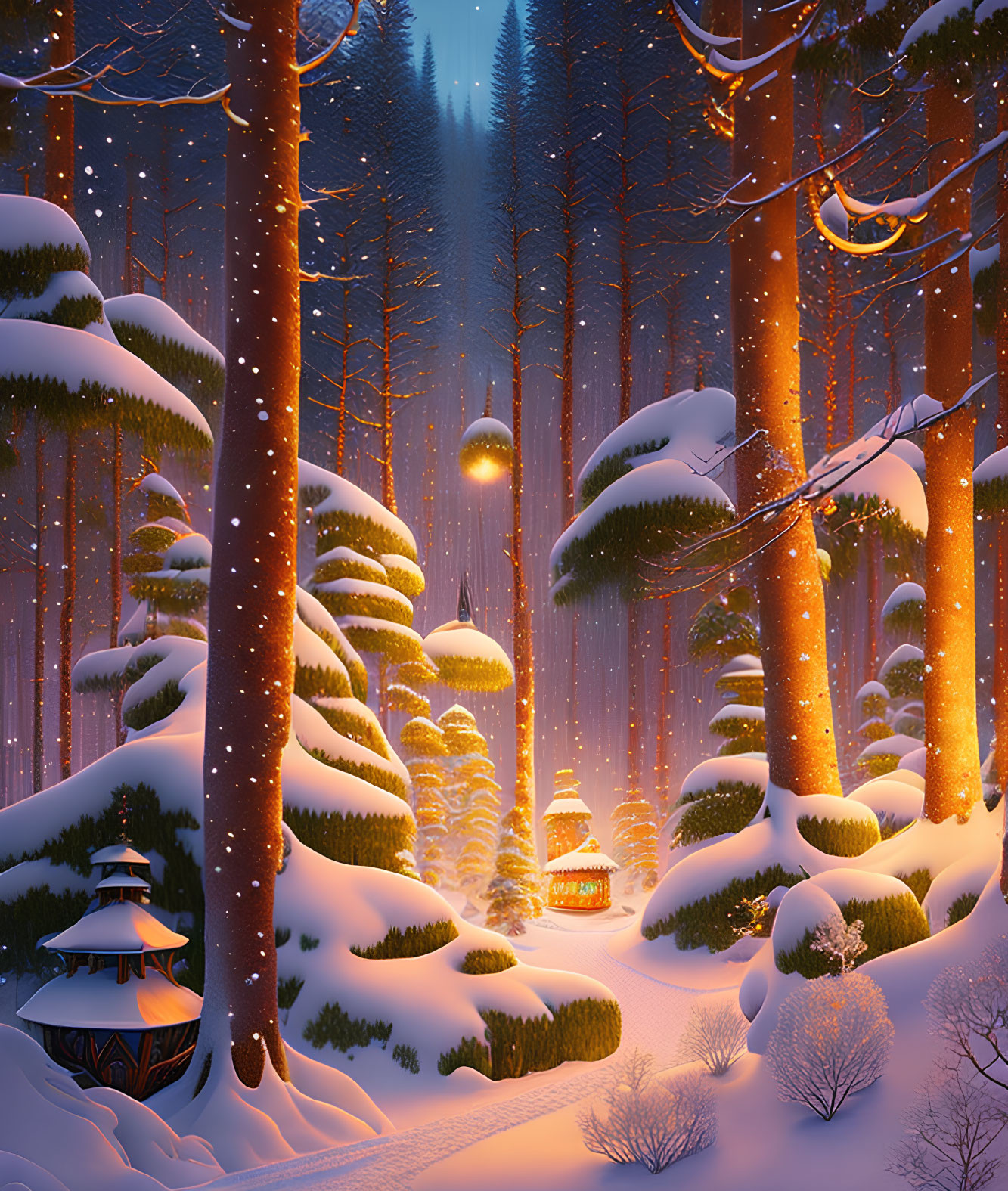 Snow-covered trees and glowing street lamps in serene winter forest dusk