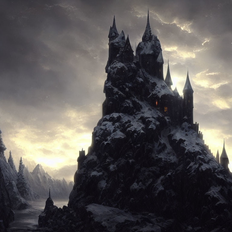 Gothic castle on snowy mountain with illuminated windows at dusk