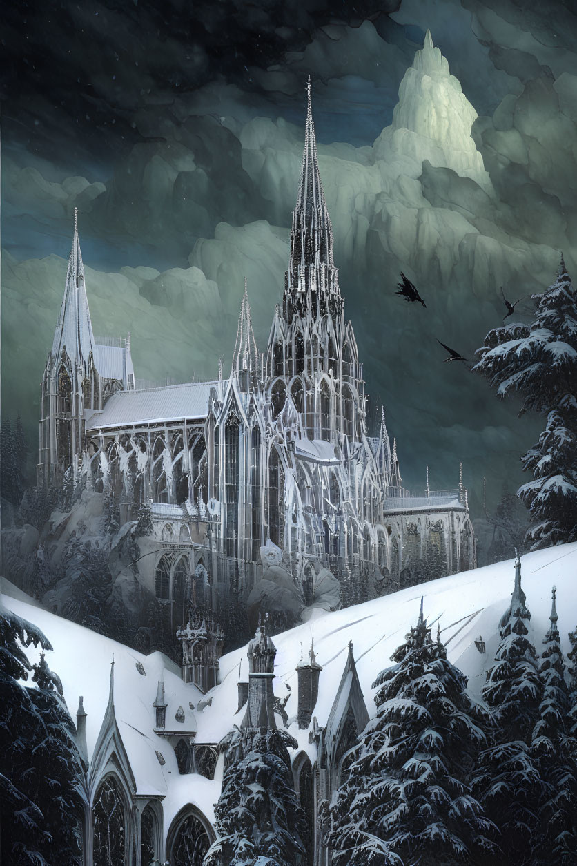 Gothic Cathedral in Snowy Landscape with Moonlit Sky