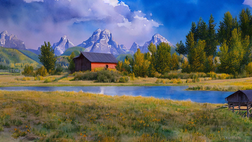 Serene red barn by lake with mountains and fields