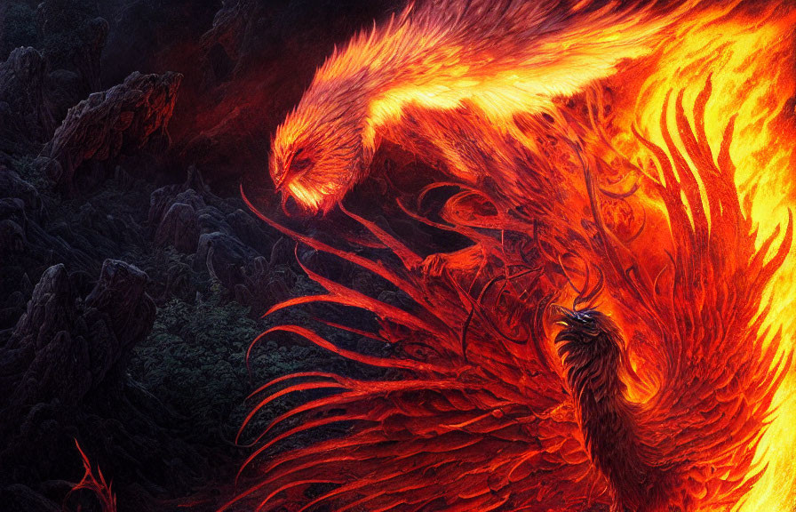 Fiery phoenix soaring with blazing wings on dark rocky landscape