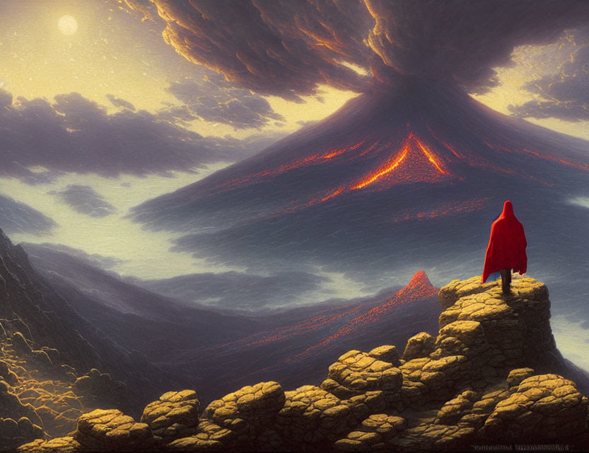 Cloaked figure overlooking erupting volcano under hazy sky