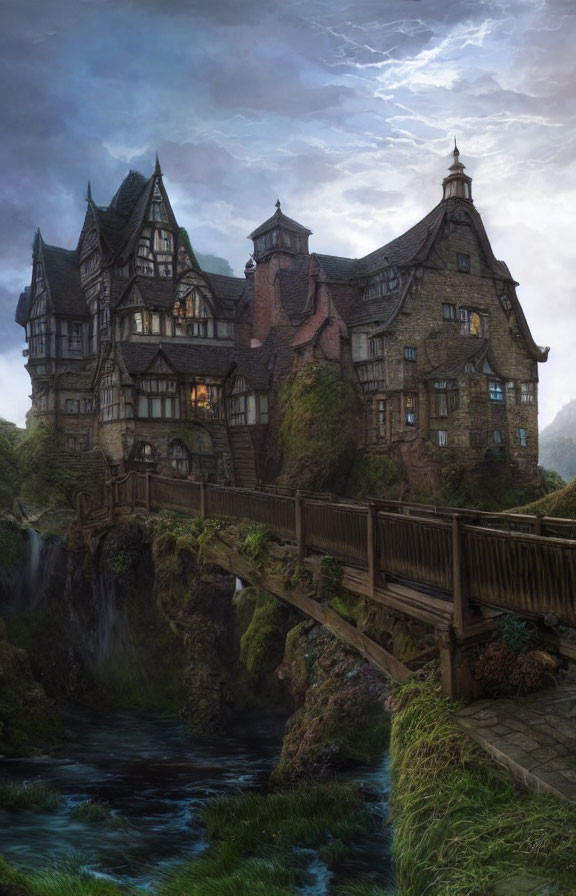 Majestic Tudor-style house on rocky outcrop with wooden bridge