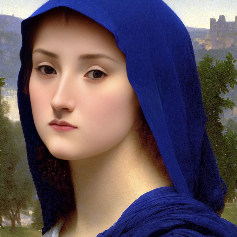 Young woman with fair skin in blue headscarf portrait against serene landscape