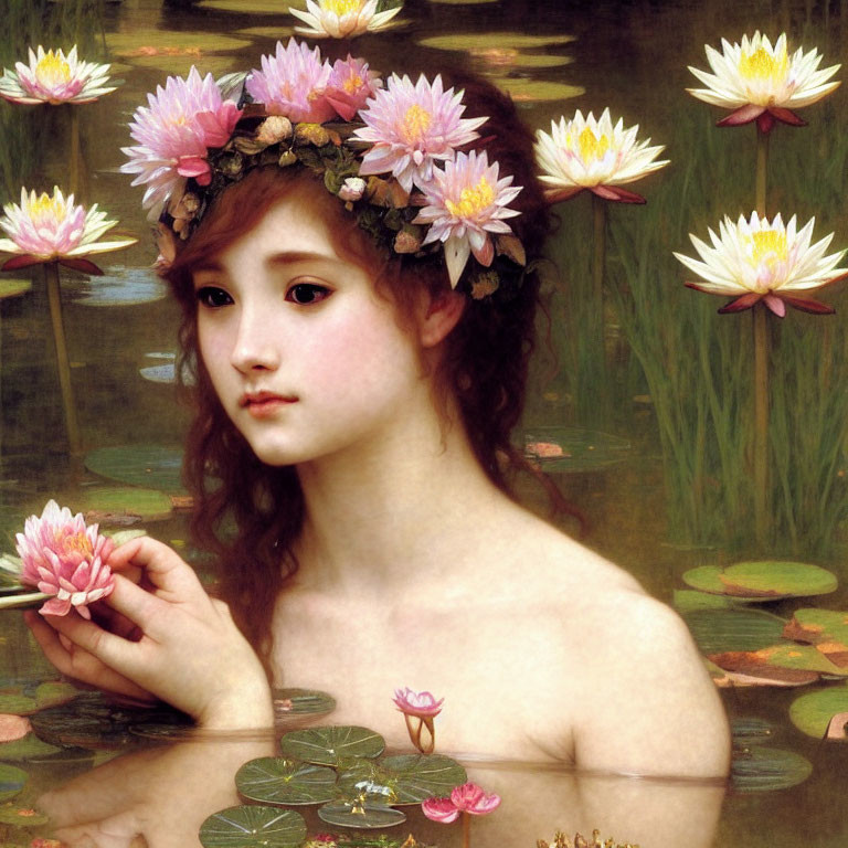 Young woman with floral wreath and water lily in pond scene