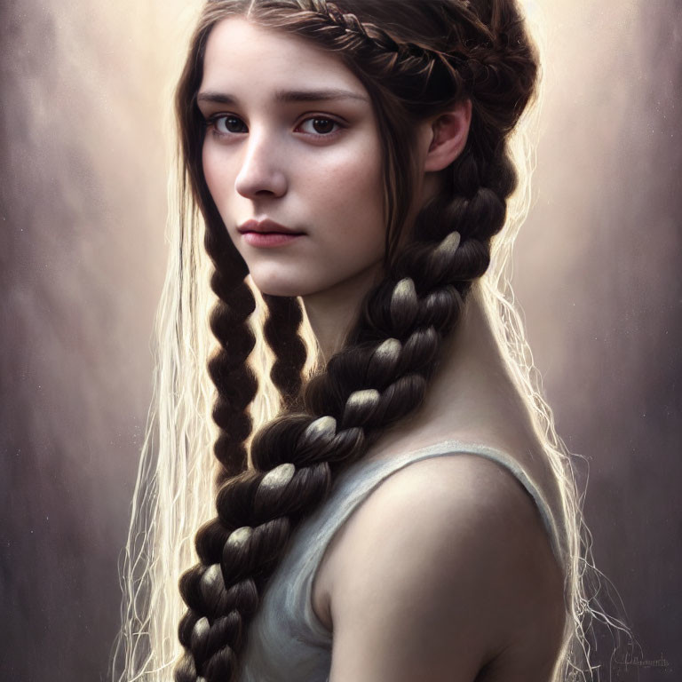 Portrait of young woman with solemn expression and long braided hair.