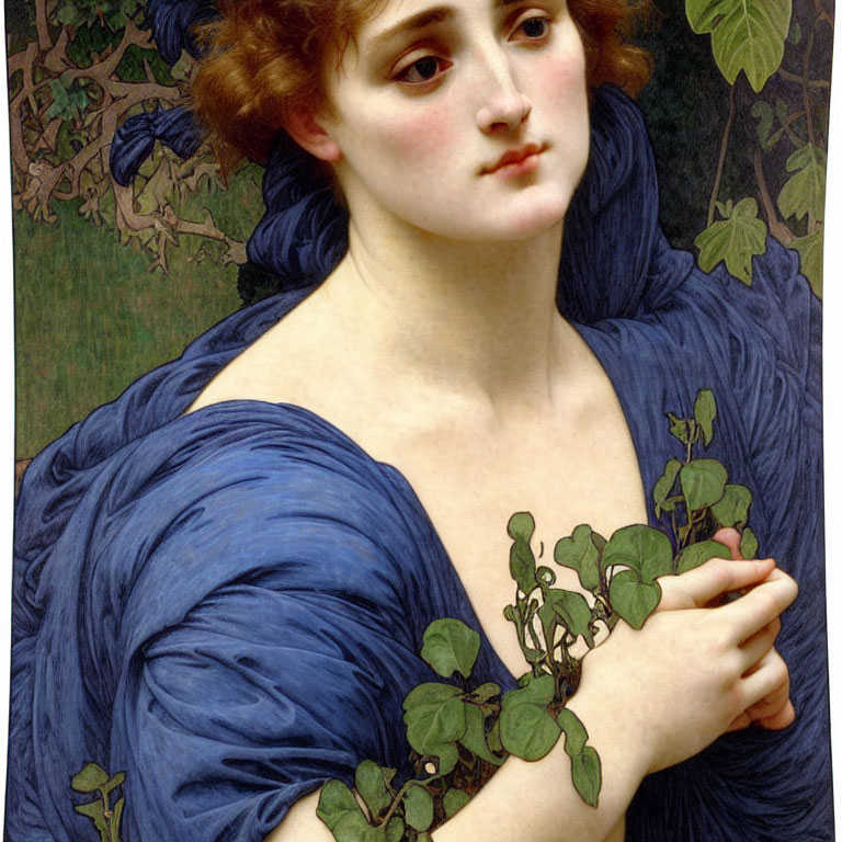 Portrait of Woman with Auburn Hair in Blue Garment Holding Ivy