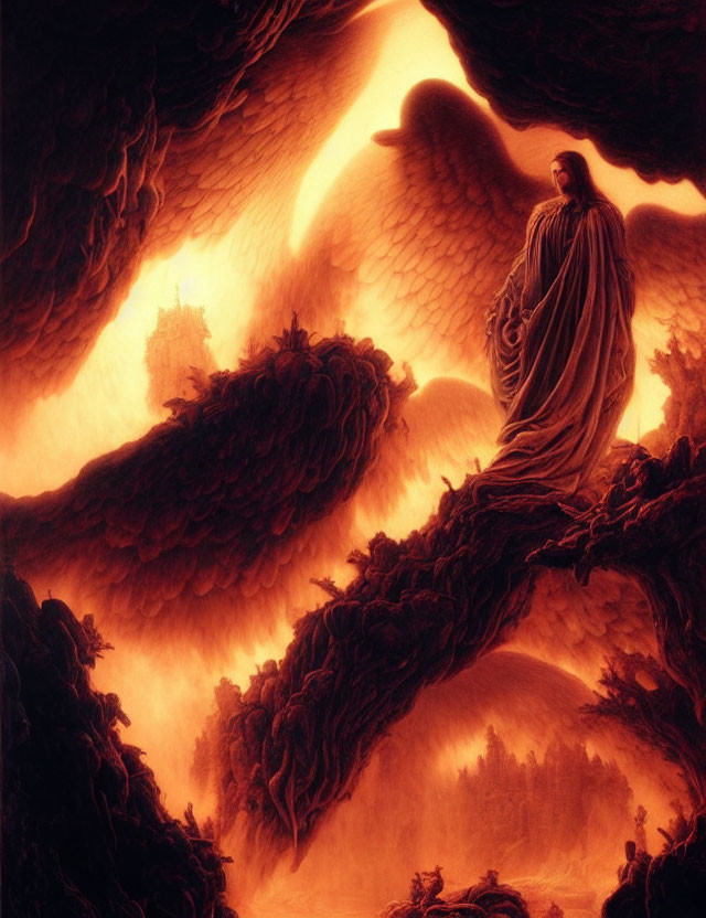 Mystical figure with large wings in surreal, fiery landscape