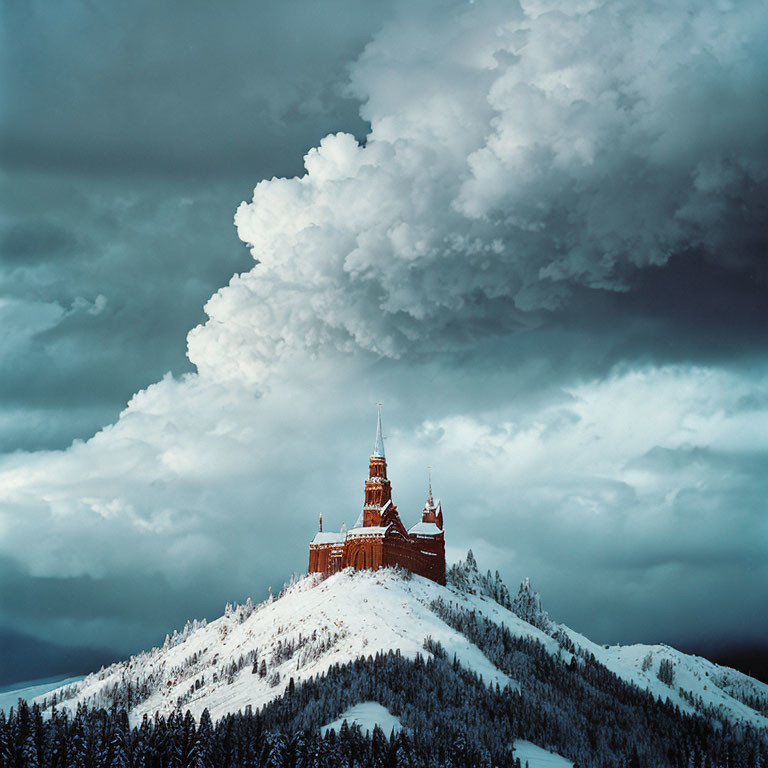 Snowy hilltop castle under gathering storm clouds