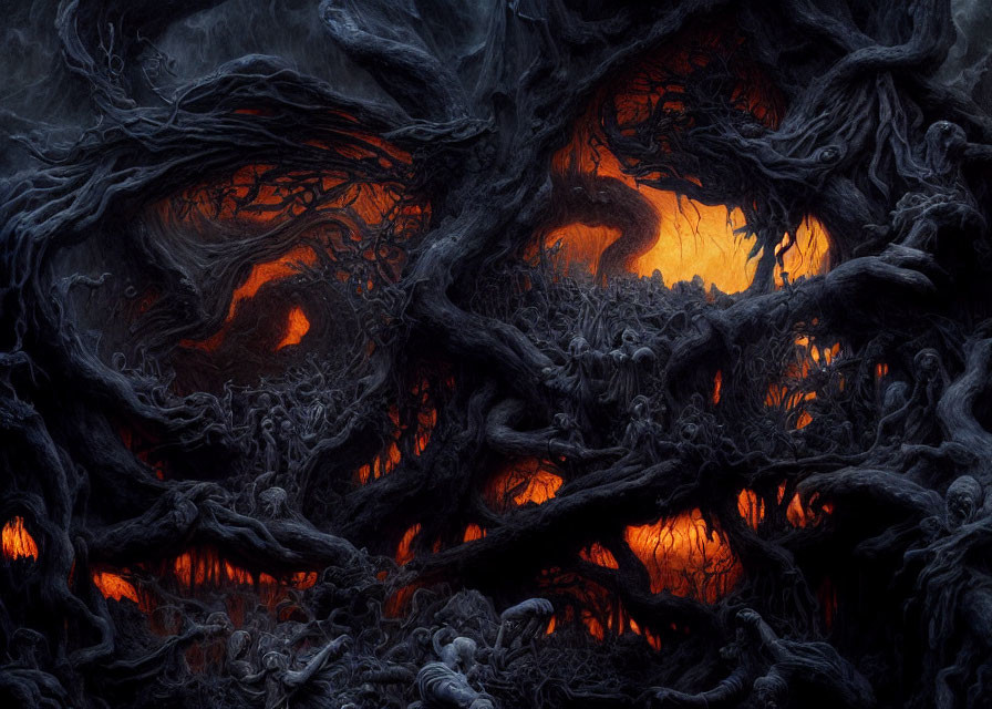 Fantastical fiery hellscape with twisted tree roots