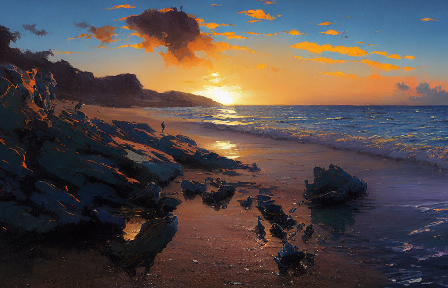 Vibrant sunset over rocky beach with orange and blue sky reflecting on water