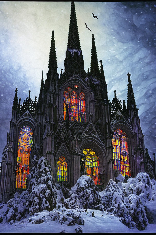 Gothic cathedral in winter with snow-covered trees and illuminated stained glass windows