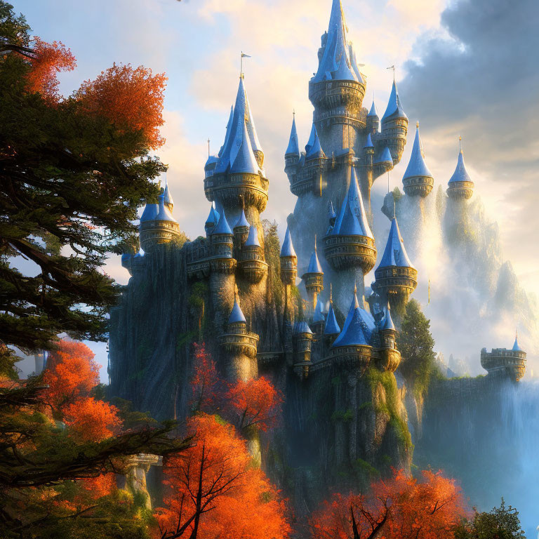 Majestic fantasy castle on cliff with autumn trees & warm light