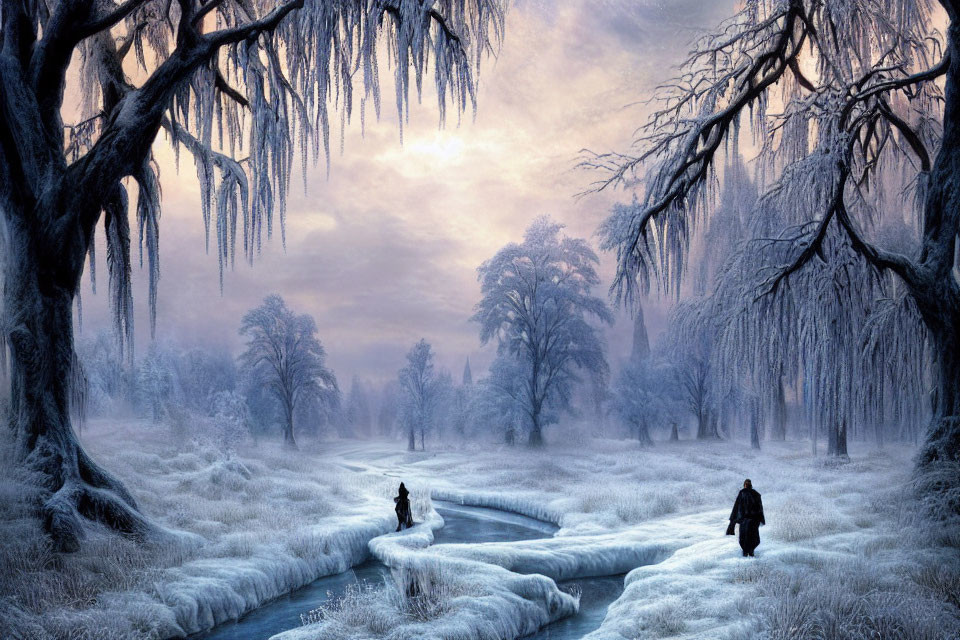 Snowy landscape with figures walking by frozen stream and icy trees under purple sky