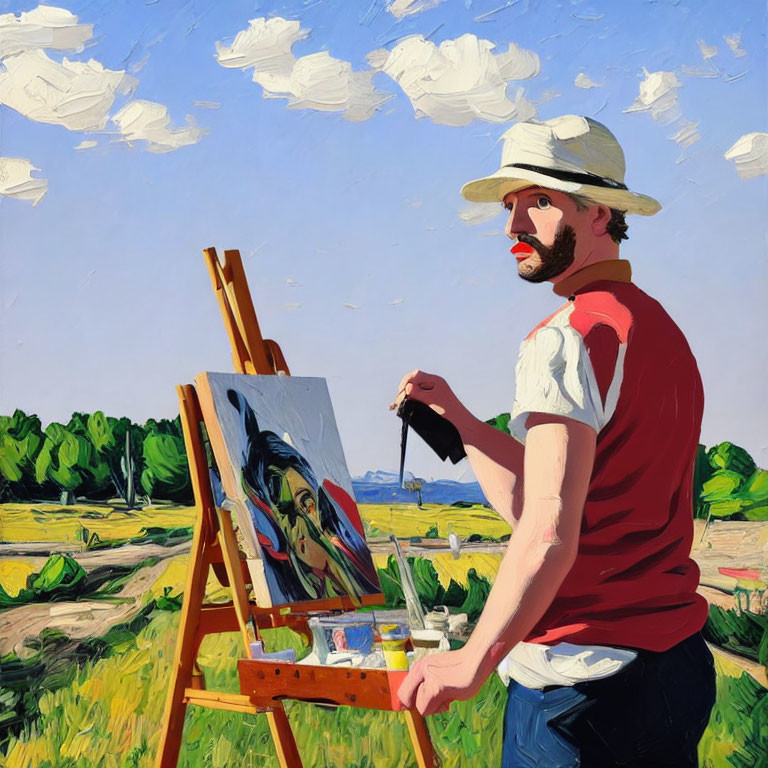 Bearded artist painting outdoors with blue sky and green fields