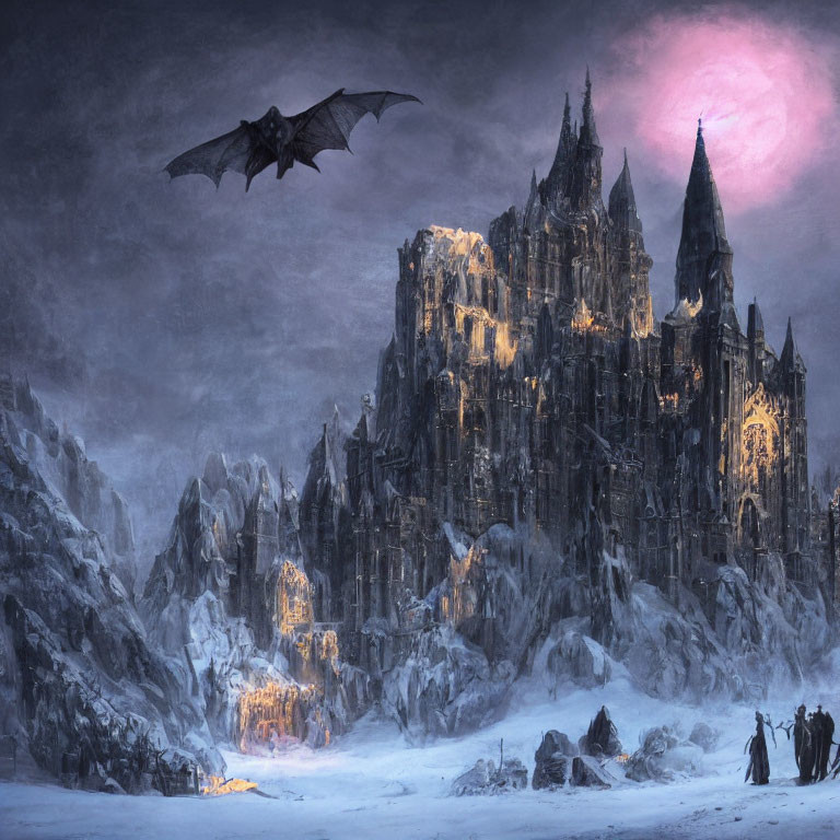 Gothic Castle in Icy Mountains with Pink Moon and Dragon